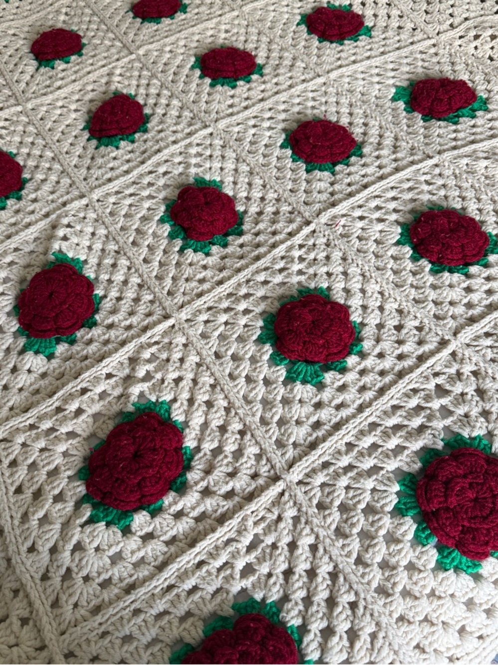 Handmade Cream Crochet Rose Blanket
